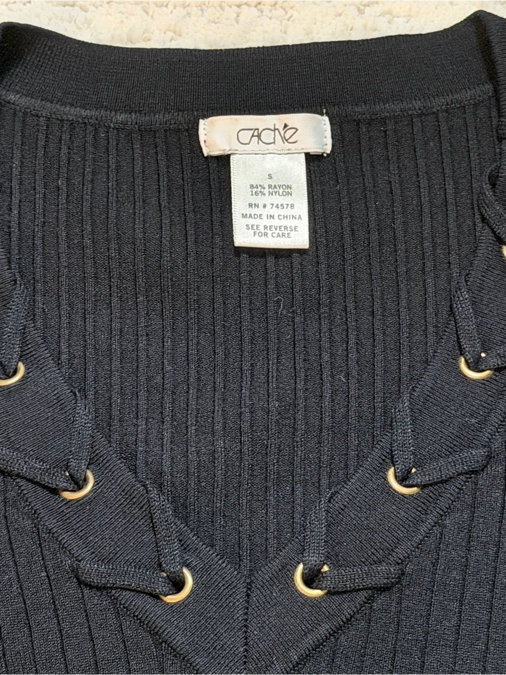 Cache Black Ribbed V-Neck Short Sleeve Top with Grommet Detail - Picture 2 of 4
